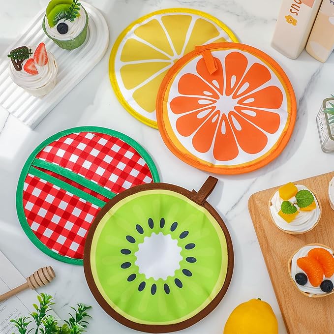 FYSUIMU 4 Pack Fruit Pot Holder Heat Resistant Orange Lemon Kiwi Watermelon Kitchen Hot Pad Pan Potholder Oven Mitt Trivet Mat for Countertop Table Baking Cooking, 7.8 in