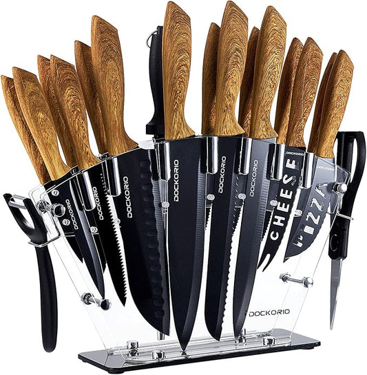 Kitchen Knife Set with Block, all in one 19 PCS High Carbon Stainless Steel Sharp Serrated Steak Knives Set, Chef Knives, Bread Knife, Scissor, Sharpener by Dockorio