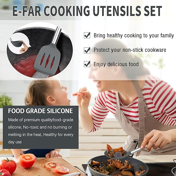 Silicone Kitchen Utensils Set, E-far 30-Piece Cooking Utensils Set with Holder, Heat Resistant Kitchen Spatulas Turner Tong Spoon Whisk Ladle for Nonstick Cookware, Stainless Steel Handle (Gray) - Image 6