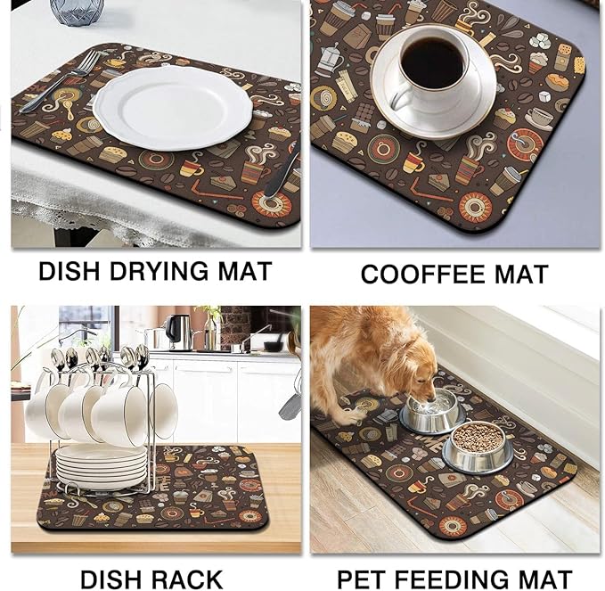 Coffee Bar Mat Accessories for Countertop Super Absorbent Anti-Slip Silicone Dish Drying Mats Kitchen Counter Draining Pad Decor Gift Fit Maker Pot Espresso Machine 24inx18in, (DS)