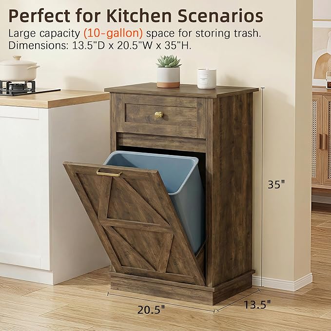 YESHOMY Tilt Out Trash Cabinet,10 Gallon Hidden Wooden Bin Cabinets, Laundry Hamper with Drawers, for Kitchen, Dining Room(Dark Brown)