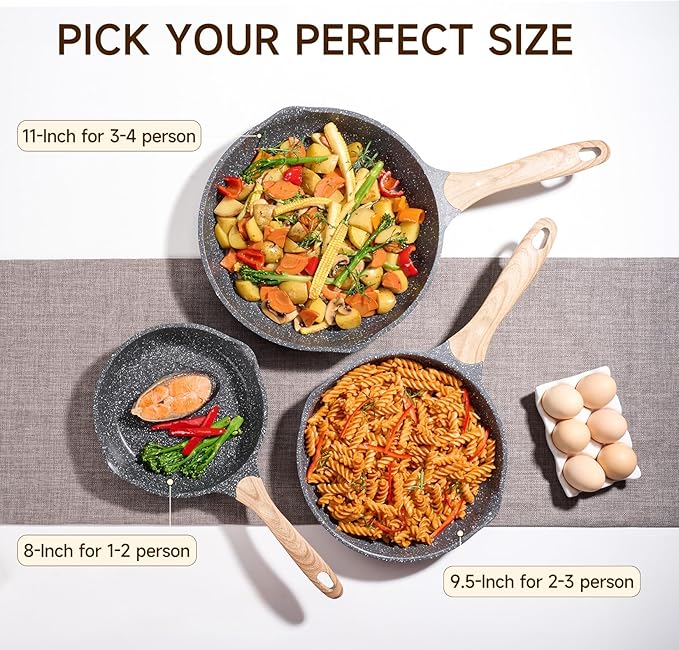 JEETEE Nonstick Frying Pans Set, Skillets Set 2 Pcs, 8" 10" Granite Non-Stick Frying pan, Nonstick Omelette Skillet with Soft Touch Handle, Grey - Image 3