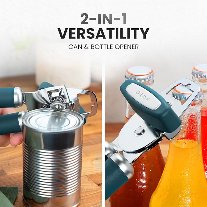 Zulay Kitchen Heavy Duty Stainless Steel Can Opener Manual with Bottle Opener - Rust Proof Manual Can Opener With Turn Knob & Comfy Soft Grip Handles - Green - Image 7