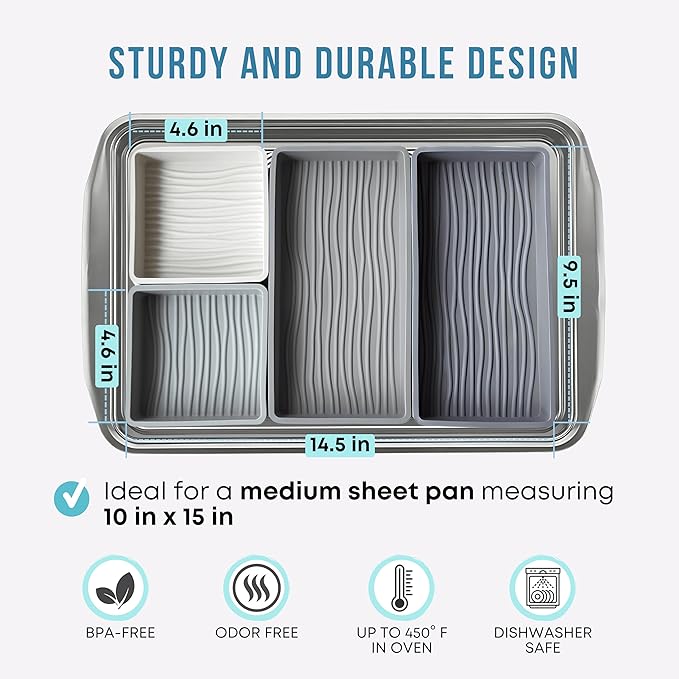 Sandunes Silicone Sheet Pan Dividers for Cooking & Meal Prep - Nonstick Bakeware Sets - 4 Silicone Baking Sheet Dividers for Oven, Air-fryer, Microwave & Dishwasher-Safe