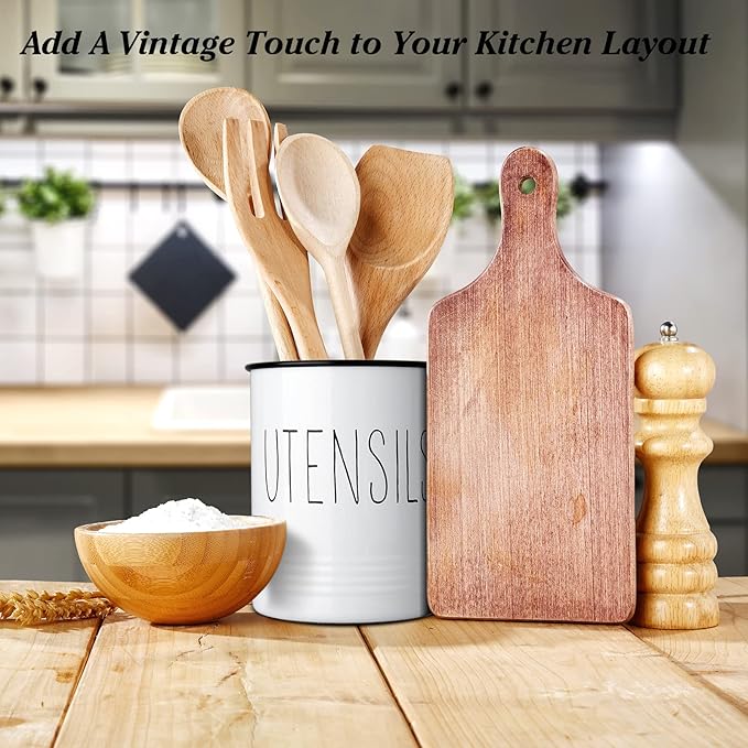 Bivvclaz Kitchen Utensil Holder, 6.7" Utensil Holder for Kitchen Counter, Cooking Utensil Crock with Cork Bottom, Modern Farmhouse Decor, Countertop Utensil Storage Caddy Organizer, White - Image 5