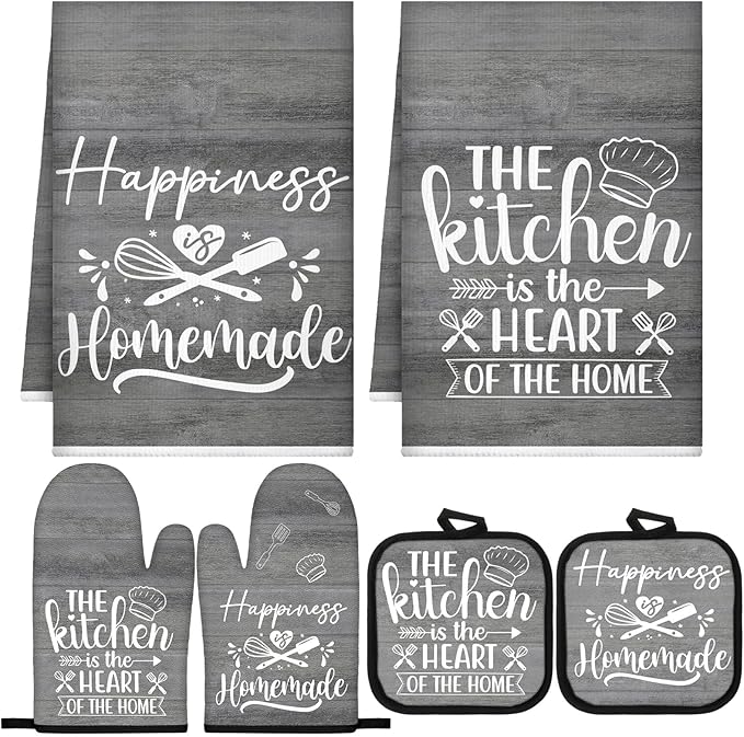 Sratte 6 Pcs Kitchen Decor Accessories Set Farmhouse Towels Pot Holders Oven Mitts Set 2 Dish Towels 2 Potholders 2 Cooking Mittens Oven Glove for Christmas Baking Cooking (Dark Gray) by Sratte