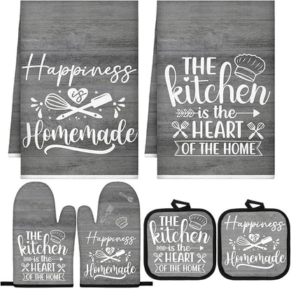 Sratte 6 Pcs Kitchen Decor Accessories Set Farmhouse Towels Pot Holders Oven Mitts Set 2 Dish Towels 2 Potholders 2 Cooking Mittens Oven Glove for Christmas Baking Cooking (Dark Gray) by Sratte