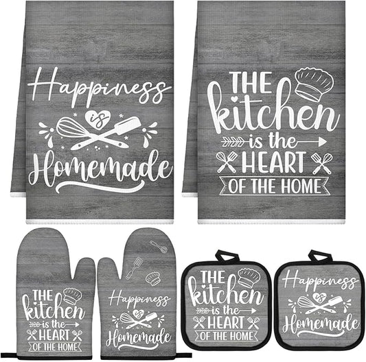 Sratte 6 Pcs Kitchen Decor Accessories Set Farmhouse Towels Pot Holders Oven Mitts Set 2 Dish Towels 2 Potholders 2 Cooking Mittens Oven Glove for Christmas Baking Cooking (Dark Gray) by Sratte