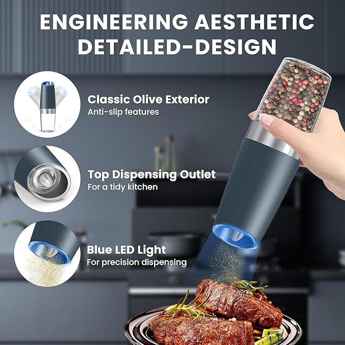 UNNEES Gravity Electric Salt and Pepper Grinder set of 2, Automatic Salt And Pepper Grinder Set, Adjustable Roughness, Battery Powered, LED Light, 2 Pack, (Grey) - Image 4