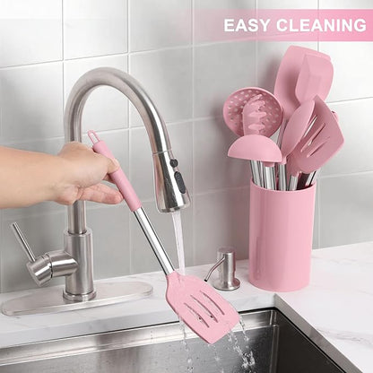 LIANYU 15 Piece Cooking Utensils Set with Stainless Steel Handle, Silicone Kitchen Gadgets with Holder, Heat Resistant Spatula Spoon Turner Tong Whisk Brush Tools for Cooking, Dishwasher Safe, Pink - Image 9