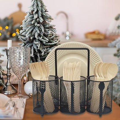 DysanVica Utensil Caddy Silverware Holder - 4 Compartment Metal Mesh Cutlery Fork Spoon Napkin Plate Organizer Flatware Storage Basket Party Kitchen Countertop Buffet Picnic Camping Outdoor BBQ Black - Image 4