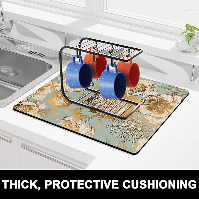 Rnivvi Dish Drying Mat for Kitchen Counter, 16 x 18" Cute Flower Theme Absorbent Heat Resistant Drying Pad with Non-slip Rubber, Coffee Bar Mats for Dish Rack Kitchen Decor Accessories, Green - Image 2