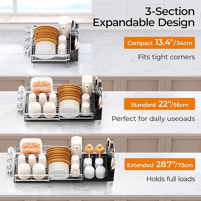 Delamu Stainless Steel Dish Drying Rack, Expandable Dish Drainer, Anti-Rust Large Dish Racks for Kitchen Counter, Dish Strainers with Drainboard, Utensil & Cup Holder, 13.4"-28.7" L x 11.8" W, Silver - Image 2