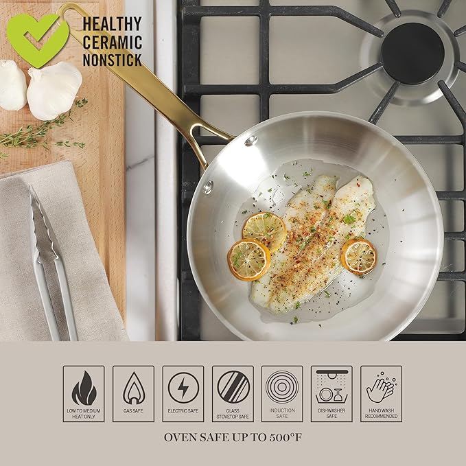 Martha Stewart Castelle 9.5-Inch Stainless Steel Frying Pan with Gold-Tone Handle – Tri-Ply Encapsulated Bottom, Oven Safe & Induction Safe Skillet for Searing and Sautéing - Image 6