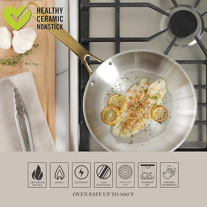 Martha Stewart Castelle 9.5-Inch Stainless Steel Frying Pan with Gold-Tone Handle – Tri-Ply Encapsulated Bottom, Oven Safe & Induction Safe Skillet for Searing and Sautéing - Image 6