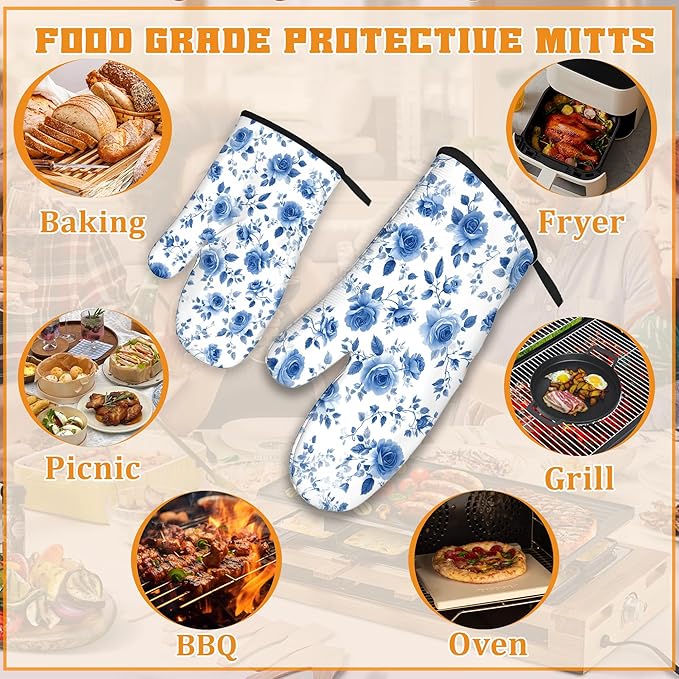 Vintage Blue Rose Oven Mitts and Pot Holders,Heat Resistant Oven Mitts Gloves and Pot Holder for Home Kitchen Decorations Cooking Baking BBQ Gifts,Set of 4