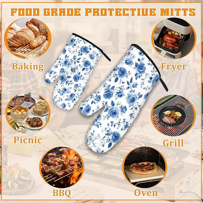 Vintage Blue Rose Oven Mitts and Pot Holders,Heat Resistant Oven Mitts Gloves and Pot Holder for Home Kitchen Decorations Cooking Baking BBQ Gifts,Set of 4