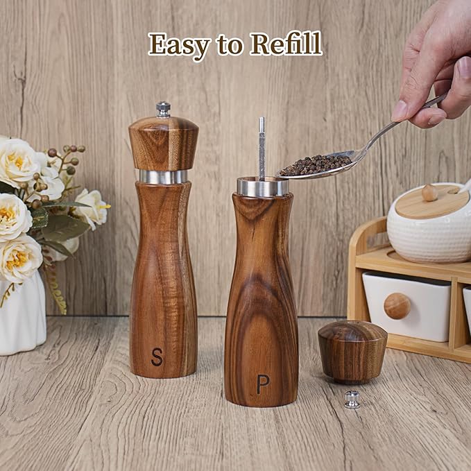 2 Pack Acacia Wood Salt and Pepper Grinder Set, Wooden Salt and Pepper Mill Set Salt and Pepper Shaker Tableware Birthday Gifts Ceramic Core-8 Inch - Image 5