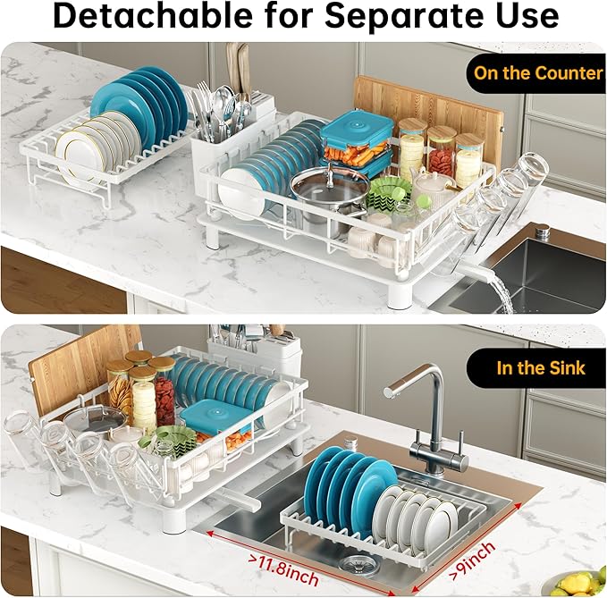Dish Drying Rack, 2 Tier Dish Racks for Kitchen Counter, Compact Dish Drainer Rack, Detachable Dish Rack with Drainboard, Utensil Holder, Cup Holder for Small Space - White - Image 8