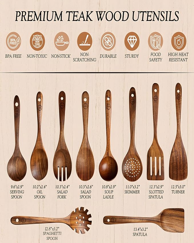10-Piece Natural Teak Wood Utensil Set - Nonstick Cooking Spoons & Spatulas, Heat Resistant Kitchen Tools - Image 3