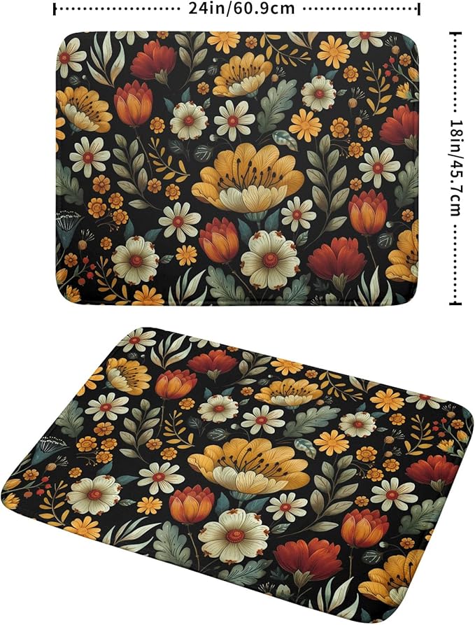 Vintage Boho Floral Dish Drying Mat for Kitchen Counter,Yellow Beige Black Spring Flower Drying Mat 18 x 24 Inch with Absorbent Reversible Microfiber Drying Pad for Coffee Bar - Image 2
