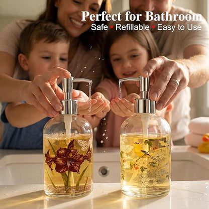 17oz Glass Soap and Lotion Dispenser Bottle with Rust Proof Plastic Pump Refillable Liquid Pump Bottle Great for Kitchen, Bath, Bathroom Accessories, Countertop, Set of 2