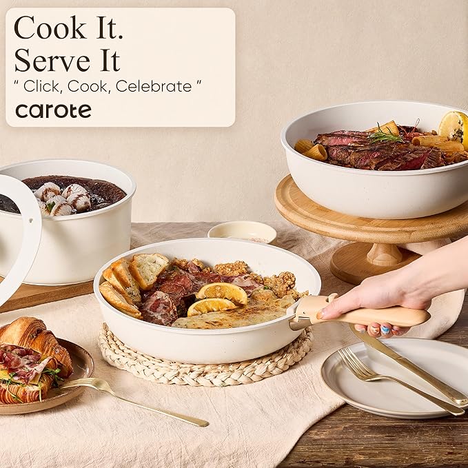 CAROTE Pots and Pans Set Non Stick, Cookware Sets, Kitchen Set, Oven/Dishwasher/Fridge Safe, Space Saving Pots Set, Nonstick Set with Versatile Detachable Handle, Induction RV Set, Cream - Image 4