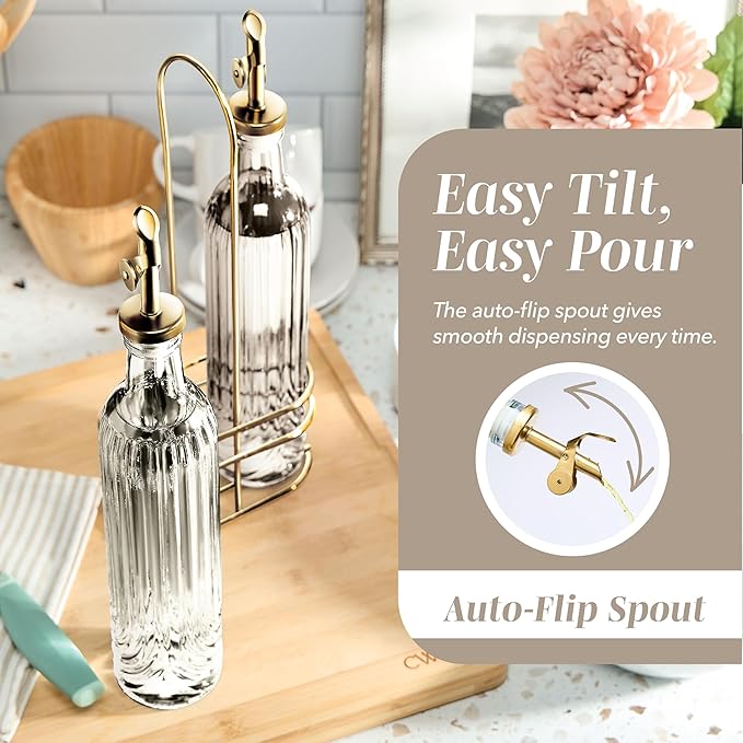 COOK WITH COLOR Glass Olive Oil Bottle Dispenser - 2 Pack- 17oz Oil and Vinegar Cruet - Olive Oil Carafe Decanter for Kitchen, Elegant Fluted, Brown - Image 3