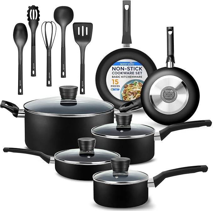 SereneLife Kitchenware Pots & Pans Basic Kitchen Cookware, Black Non-Stick Coating Inside, Heat Resistant Lacquer (15-Piece Set), One Size by SereneLife