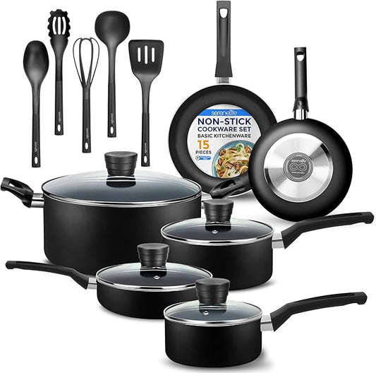 SereneLife Kitchenware Pots & Pans Basic Kitchen Cookware, Black Non-Stick Coating Inside, Heat Resistant Lacquer (15-Piece Set), One Size by SereneLife