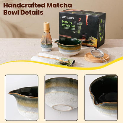 Matcha Whisk Set, Ceramic Matcha Kit Desert Style, Matcha Whisk and Bowl, Bamboo Scoop and Rest, Sifter and Tea Towel, 7 Pcs Gifts for Matcha Lover - Dark Green