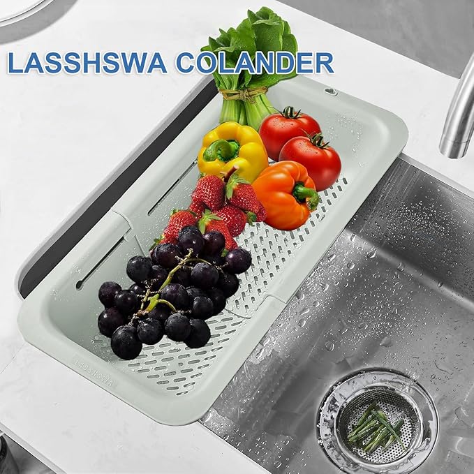 LASSHSWA Collapsible Colander for Kitchen, Over the Sink Strainer Basket for Kitchen, Fruit Pasta Food Strainer Expandable Plastic Colander BPA Free (Light Gray) - Image 2