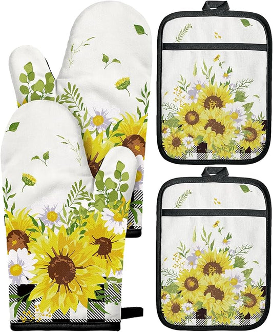 Miss Adola Cotton Oven Mitts and Pot Holders Sets - Quilted Lining Heat Resistant 4 Pieces Set with Hanging Loop Cute Farmhouse Boho Spring Kitchen Decor and Accessories, Plaid Sunflower by MissAdola