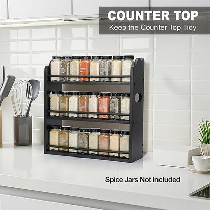 3 Tier Bamboo Spice Rack, Spice Rack Organizer, Seasoning Jars Rack Shelf Spice Organizer for Kitchen Counter or Wall Mounting, Spice Storage Holder with handles, Jars Not Included, Black - Image 3
