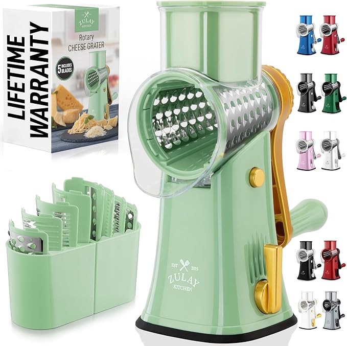 Zulay Kitchen Rotary Cheese Grater 5 Blade Cheese Shredder - Manual Hand Crank Cheese Grater With Reinforced Suction & 5 Interchangeable Drums - Easy to Use, Vegetable Chopper Round Mandoline Slicer by ZulayKitchen