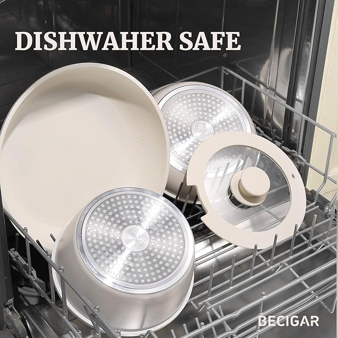 BECIGAR 8pcs Ceramic Pots and Pans Set, Non Stick Cookware Set, Detachable Handle Cookware, Induction Kitchen Cooking Set with Removable Handle,Oven Safe, Induction Fast, Stackable Cookware Set - Image 6