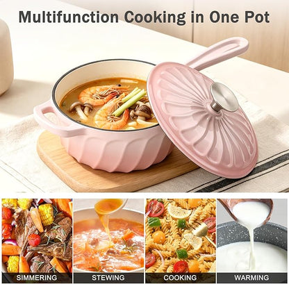 Enameled Cast Iron Sauce Pan, 2 Quart Enameled Saucepan with Lid, Small Cast Iron Pot for All Cooktops Making Pasta Sauce, Gravy, Puddings, Marinate, Boiling (Gradient Pink)
