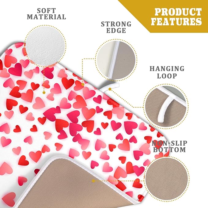 Valentines Dish Drying Mat for Kitchen Counter Hearts Holiday Microfiber Absorbent Dish Draining Reusable Washable Foldable 16"x18" - Image 4