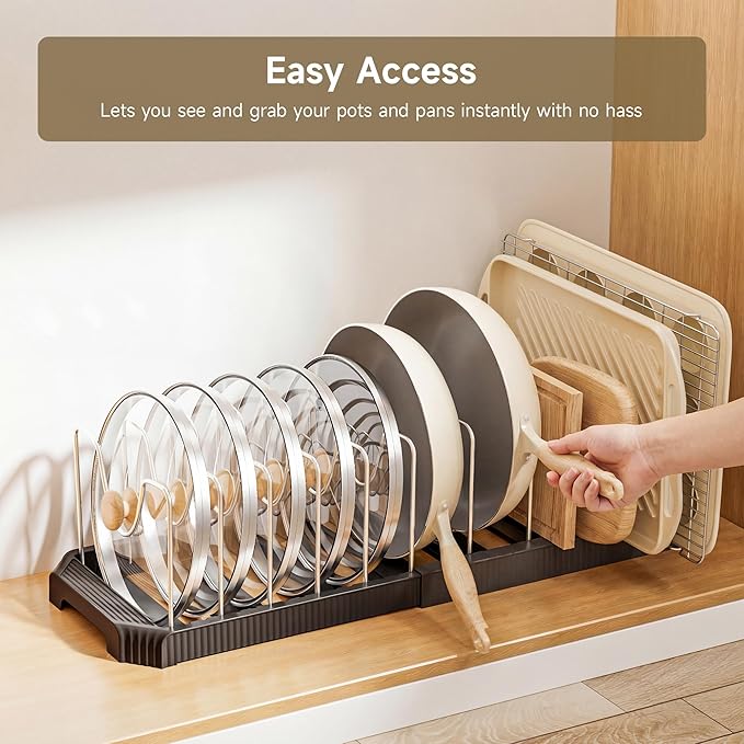 MUDEELA Pot Lid Organizer Rack for Cabinet, Expandable Pots and Pans Organizer under Cabinet with 12 Adjustable Dividers, Pan Organizers Holder inside Cabinet for Cutting Boards, Baking Sheets, Black - Image 7