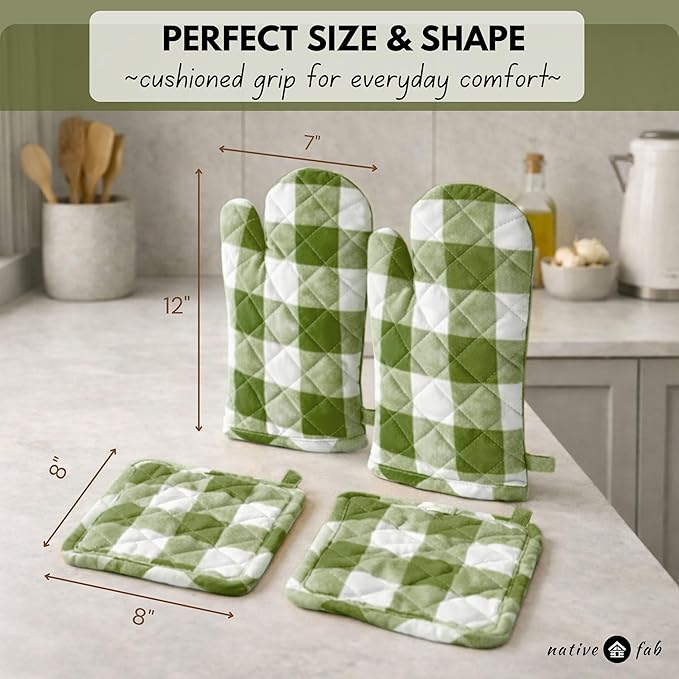 Native Fab Buffalo Plaid Check Oven Mitts and Pot Holders Set of 4, 100% Cotton Heat Resistant Kitchen Gloves, 2 Oven Mitts (7x13), 2 Pot Holders (8x8) for Cooking & Baking, Mint Green White - Image 6
