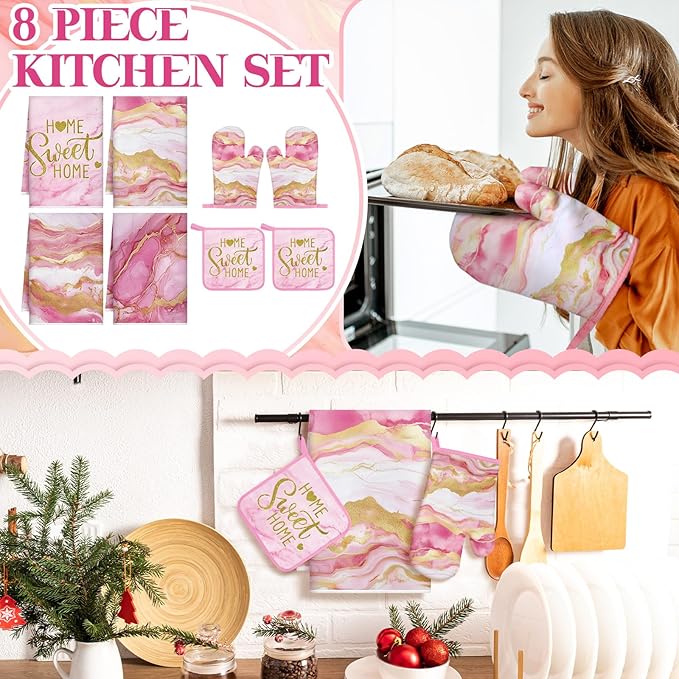 Leinuosen 8 Pcs Kitchen Towels and Dishcloths Sets Oven Mitts and Pot Holders Sets Absorbent Kitchen Gloves Potholders Heat Resistant for Chef Baking Cooking (Pink,Marble)