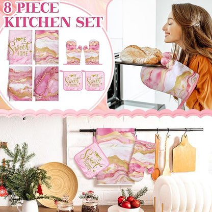 Leinuosen 8 Pcs Kitchen Towels and Dishcloths Sets Oven Mitts and Pot Holders Sets Absorbent Kitchen Gloves Potholders Heat Resistant for Chef Baking Cooking (Pink,Marble)