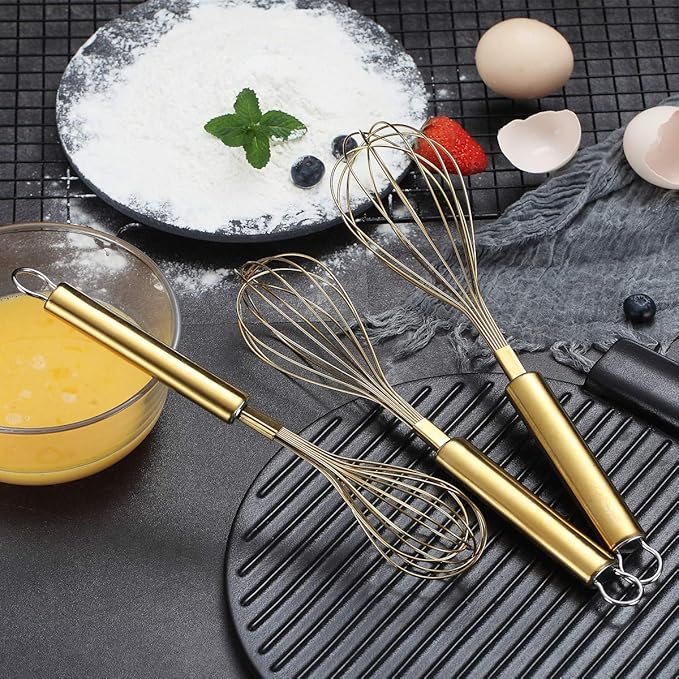 Berglander Gold Whisk Pack of 3 Stainless Steel 8",10",12", Titianium Plating Whisks for Cooking, Beater,Wire Whisk Set Kitchen Wisk (Gold) - Image 2
