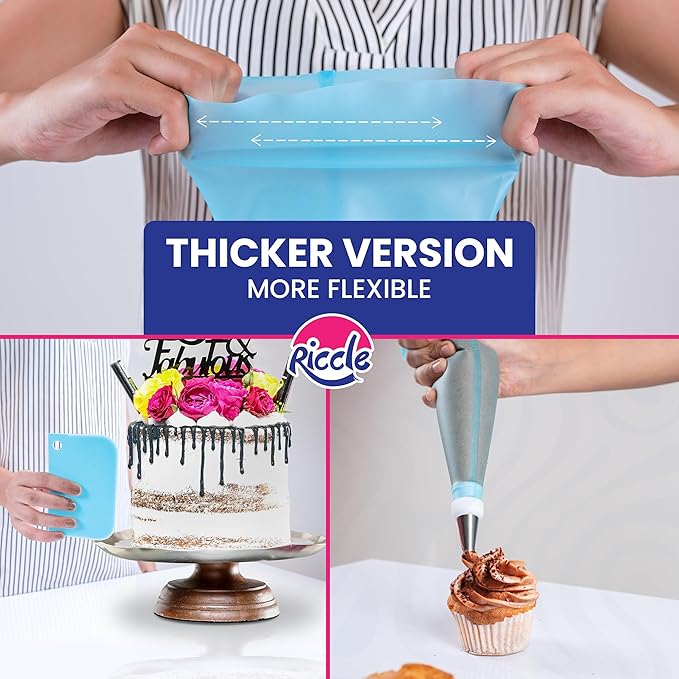 Riccle 88 pcs Cake Decorating Kit with Blue Cake Turntable - Includes 50 Disposable + 2 Reusable Piping Bags and Tips Set, 24 Icing Piping Tips, 2 Spatulas, 3 Icing Comb Scraper (Black) - Image 7