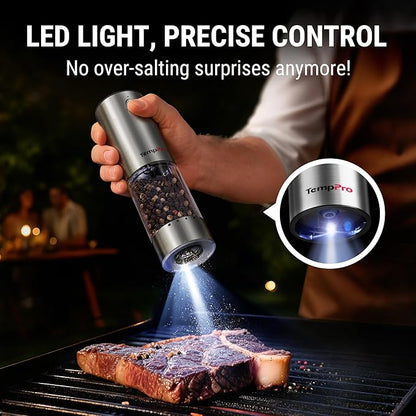 TempPro 100ml Electric Salt and Pepper Grinder Set Rechargeable, Automatic Pepper Grinder Shakers with External Adjustment, Refillable Pepper Mill Set with Cover & LED, 2-Pack(Previously ThermoPro) - Image 7
