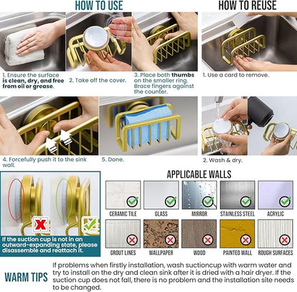 TAILI Sink Caddy with Strong Suction Cup, Sponge Holder for Kitchen Sink Oganizer, Removable Rustproof Aluminum Sponge Holder, Dish Brush for Scraper - Gold - Image 7