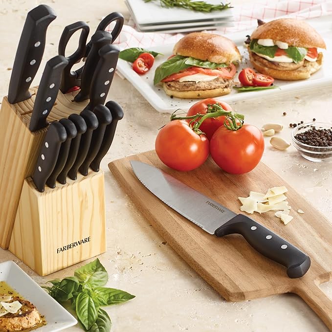 Farberware 22-Piece Never Needs Sharpening Triple Rivet High-Carbon Stainless Steel Knife Block and Kitchen Tool Set, Black, Durable AND Precision Cutlery - Image 8