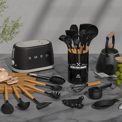 Umite Chef Kitchen Cooking Utensils Set, 33 pcs Non-Stick Silicone Cooking Kitchen Spatula Set with Holder, Wooden Handle Silicone Kitchen Gadgets Utensil Set (Black) - Image 2