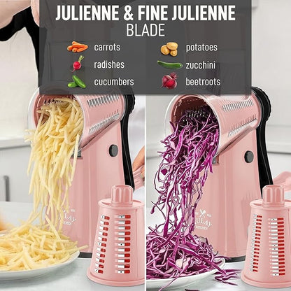 Zulay Kitchen Rotary Cheese Grater 5 Blade Cheese Shredder - Manual Hand Crank Cheese Grater With Reinforced Suction & 5 Interchangeable Drums - Easy to Use, Vegetable Chopper Round Mandoline Slicer - Image 6