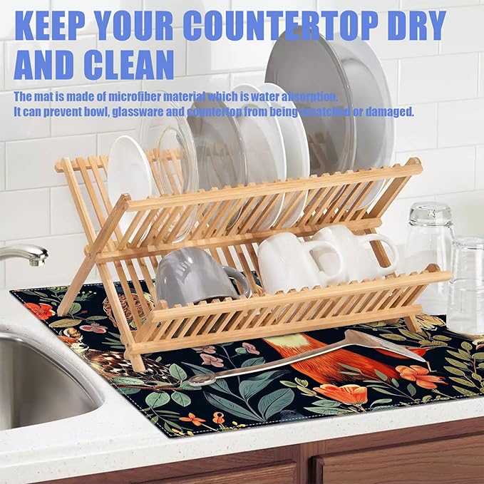 Vintage Deer Dish Drying Mat for Kitchen Counter Wild Animals Drying Pad Absorbent Reversible Dish Drainer Rack Mats Draining Pad 18"x24"Inch - Image 5